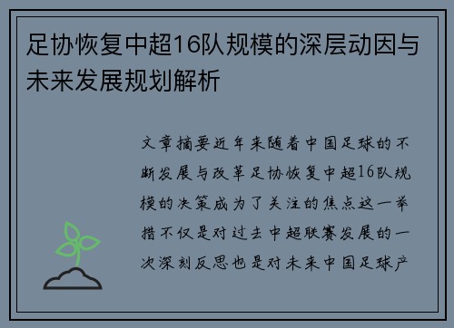 足协恢复中超16队规模的深层动因与未来发展规划解析 足协恢复中超16队规模的深层动因与未来发展规划解析